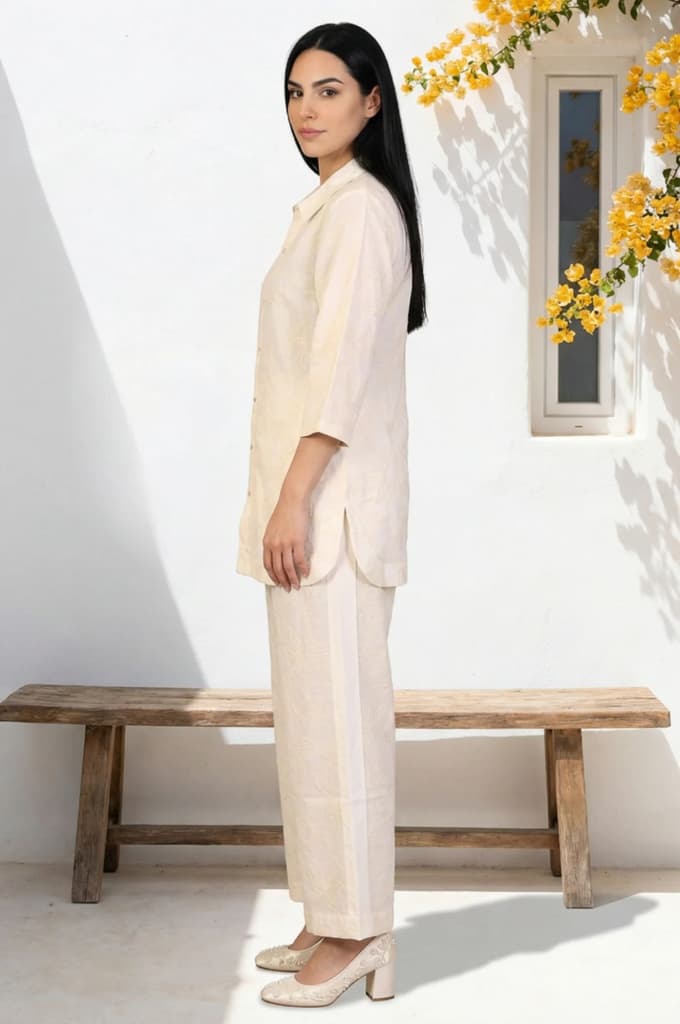 Off White Thread Embroidered Pure Cotton Straight Shirt and Parallel Pants Co-ord Set — photo 3