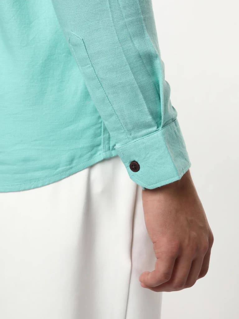 Men's Light Teal Linen Blend Full Sleeve Relaxed Fit Mandarin Collar Casual Solid Shirt — photo 6