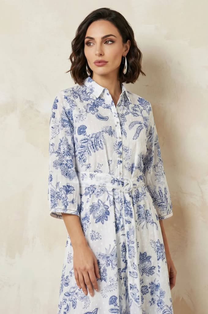 White Floral Printed Pure Cotton A-line Shirt Dress with Fabric Belt — photo 3