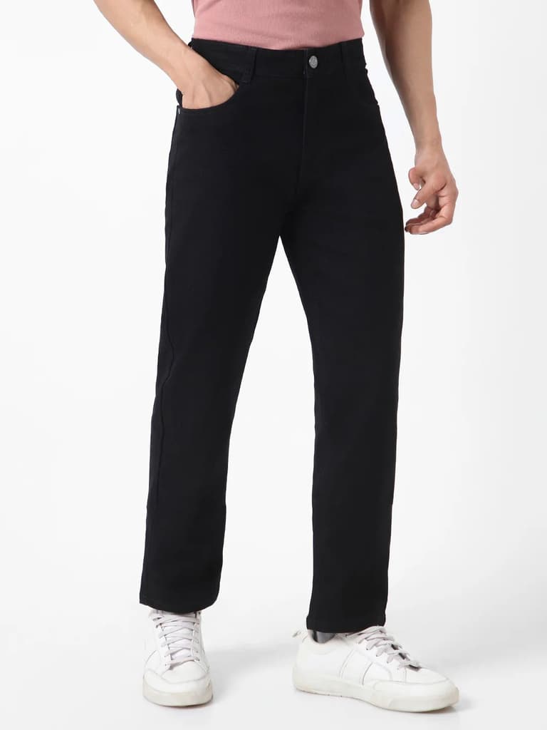 Men's Black Straight Fit Washed Jeans Stretchable — photo 2