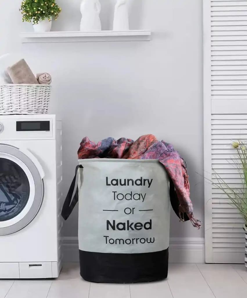 Kuber Industries 45 Liter Waterproof Round Non Wovan Laundry Bag/Hamper With Handles | Grey & Black — photo 2