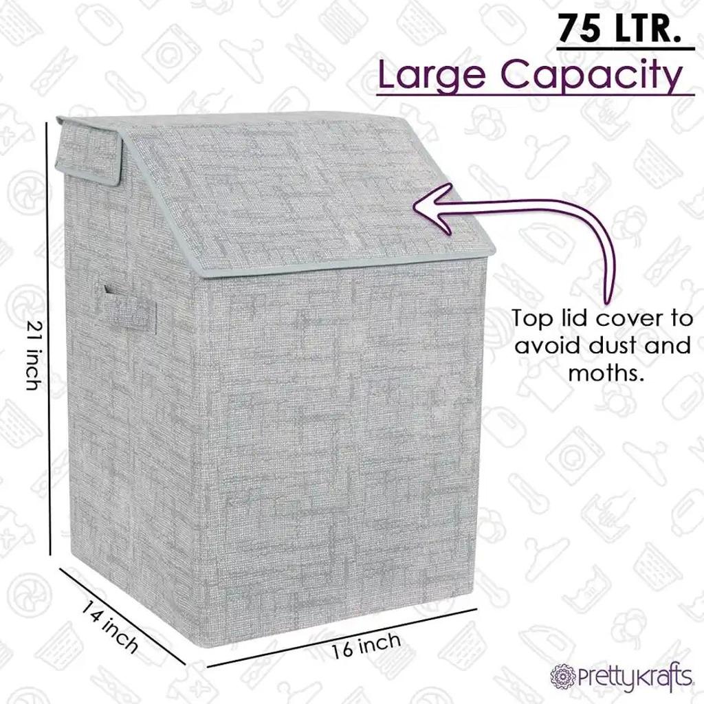 Prettykrafts 75L Laundry Square Basket Bag/Foldable/Multipurpose/Carry Handles/(Single) Jute Grey