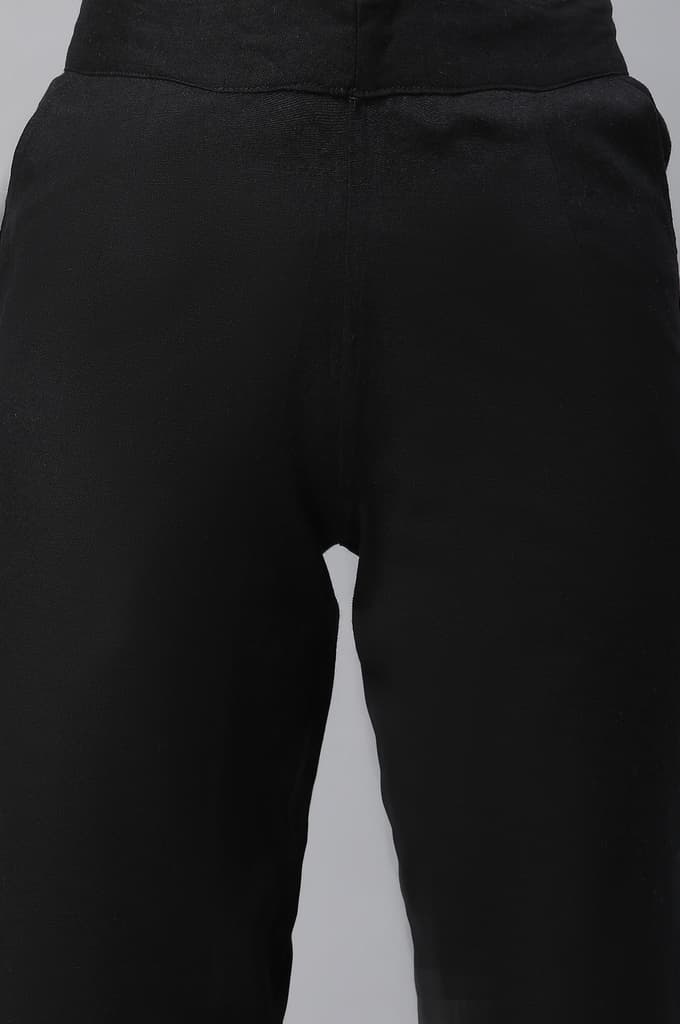 Black Solid Straight Fit Cotton Pants With Button Detail — photo 7
