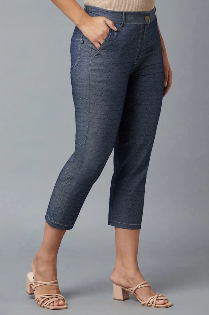 Blue Polka Dots Straight Fit Denim Culottes With Front Zip — photo 8