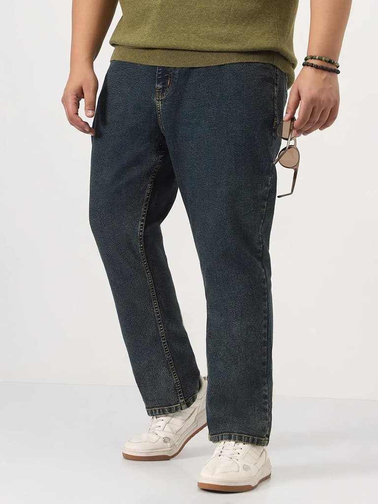 Plus Men's Blue Straight Fit Heavy Washed Jeans Stretchable — 36 / Blue