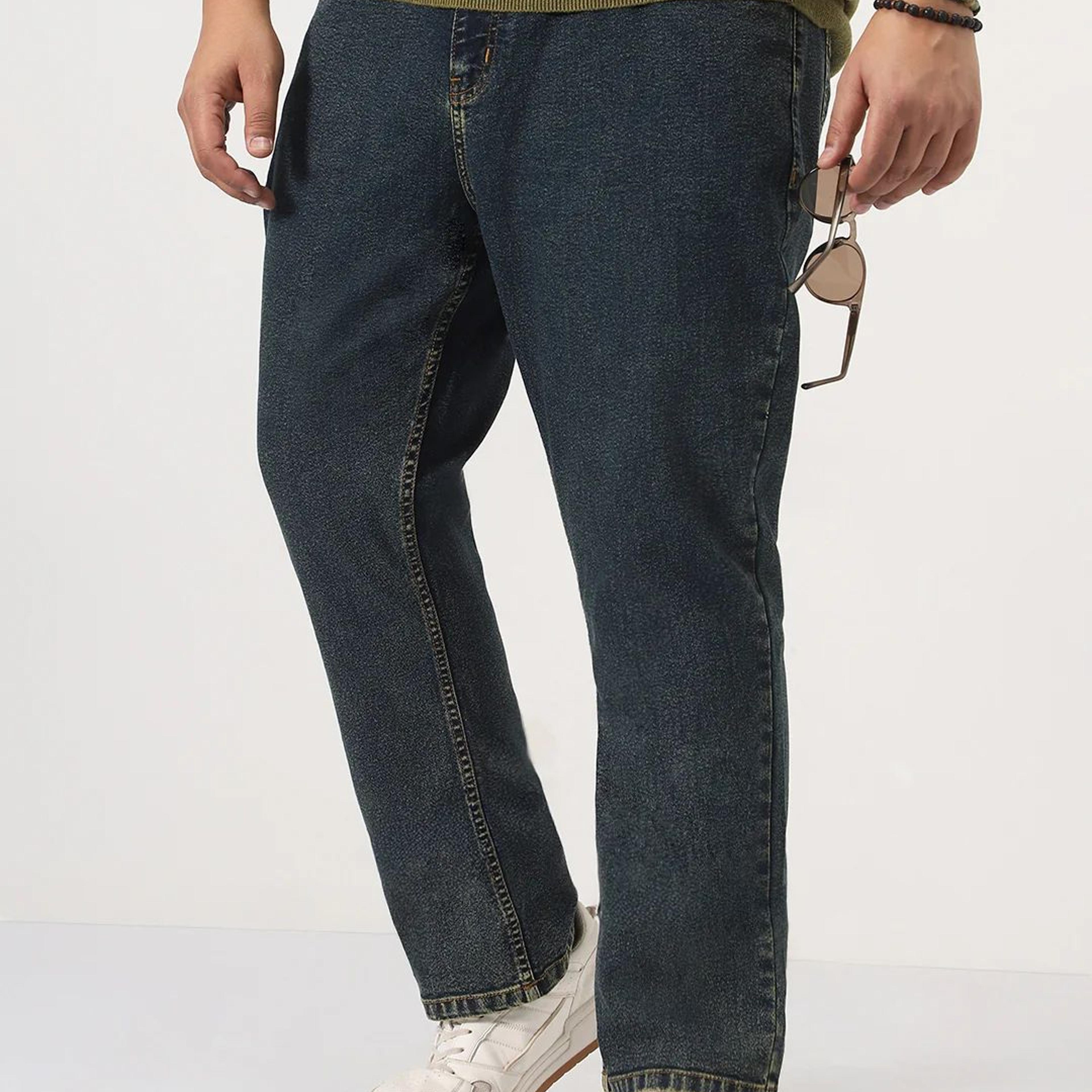 Plus Men's Blue Straight Fit Heavy Washed Jeans Stretchable