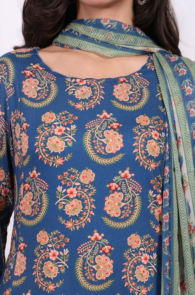 Blue Floral Printed Straight Kurta, Pants and Dupatta Set — photo 3
