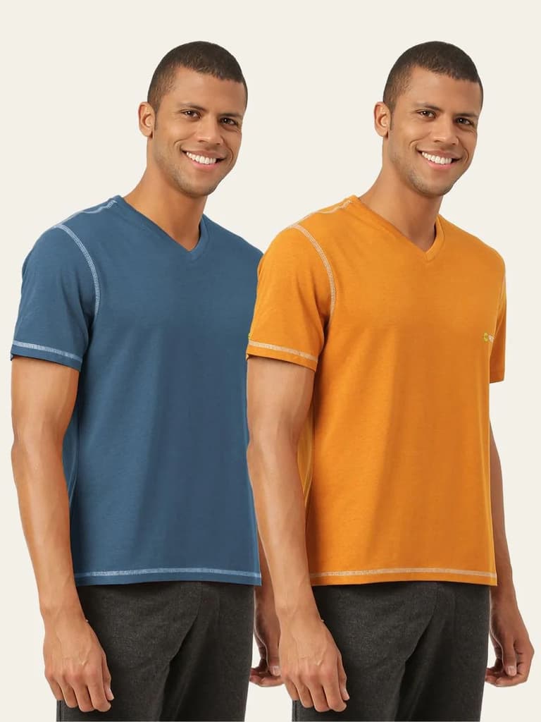 Men's Organic Bamboo Casual Tees - V Neck - (Pack of 2) — Medallion Gold; Sapphire Blue / S / Men