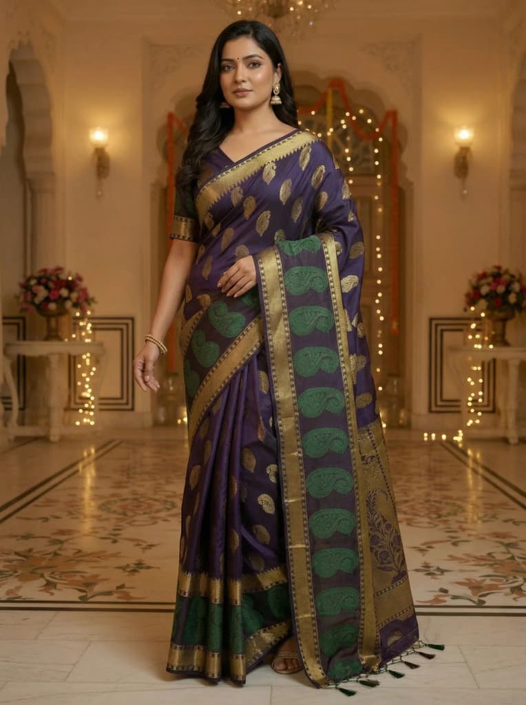 MIMOSA Women's Woven Design Kanjivaram Style Art Silk Saree with Blouse Piece - Navy ( SA00003149NVFREE ) — photo 3