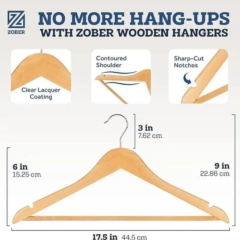 Lifelong Zober Wooden Suit Hangers Pack-10 With Non Slip Pants Bar | 360 Swivel Hook — photo 3