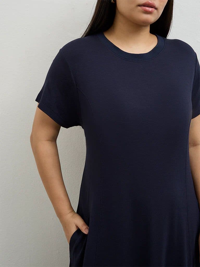 Gia Navy Solid Cotton A-Line Dress — photo 3