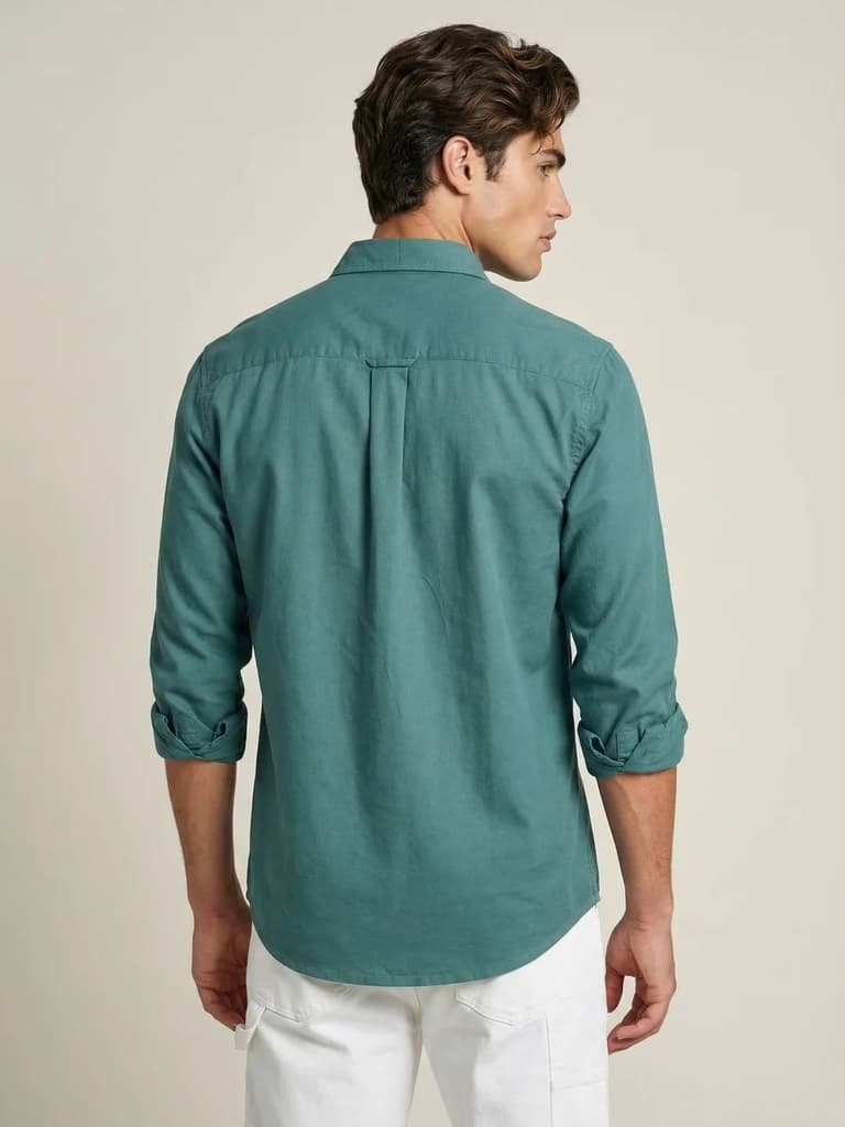 Men's Teal Green Cotton Full Sleeve Regular Fit Solid Oxford Shirt With Button-Down Collar — photo 3