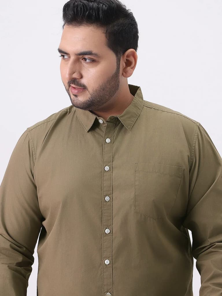 Plus Men's Olive Cotton Full Sleeve Regular Fit Casual Solid Shirt — photo 5