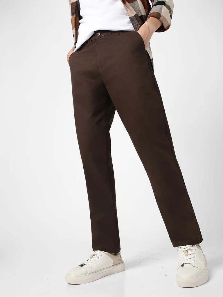 Men's Chocolate Brown Cotton Regular Fit Casual Chinos Trousers Stretch — 28 / Chocolate Brown