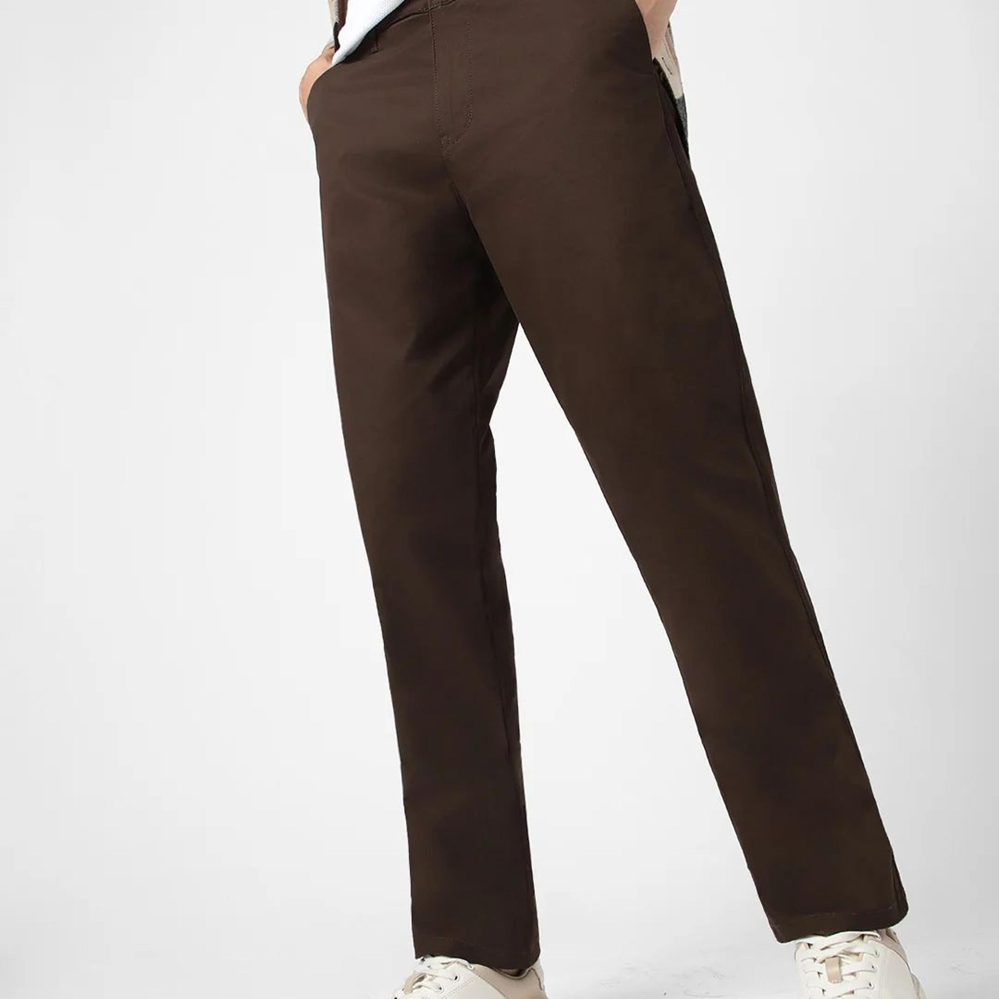 Men's Chocolate Brown Cotton Regular Fit Casual Chinos Trousers Stretch