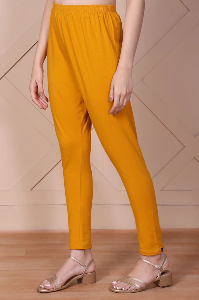 Mustard Solid High-Waisted Cotton Tights — photo 2