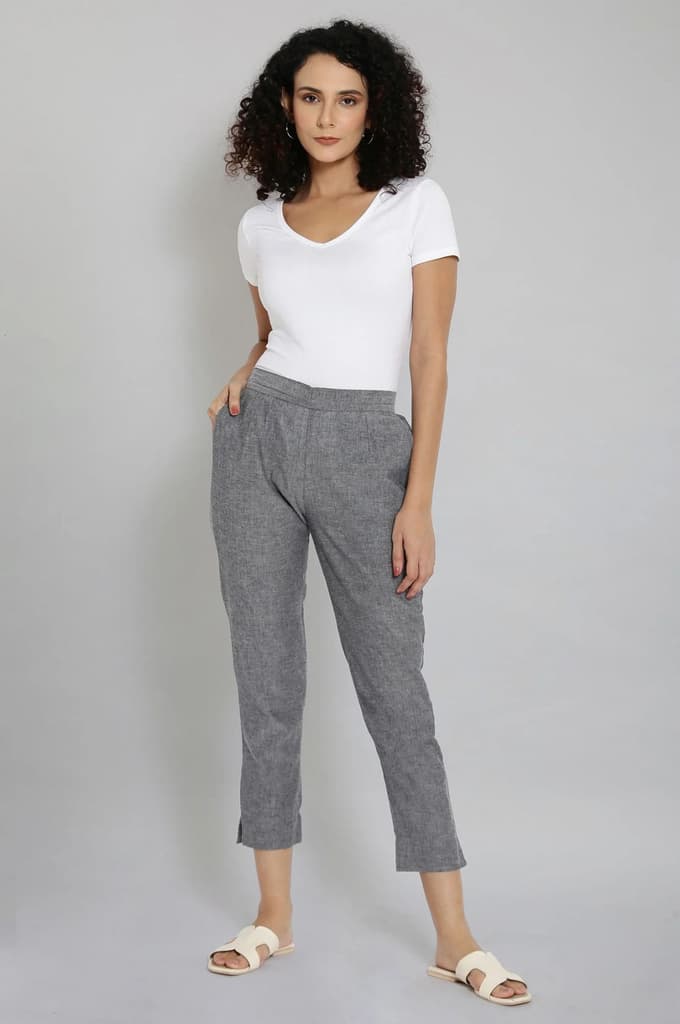 Grey Solid Straight Fit Cotton Trousers With Elasticated Waistband — photo 5