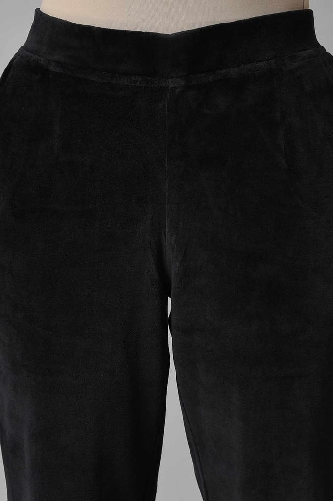 Black Solid Straight Fit Cotton Trousers With Elasticated Waist — photo 7