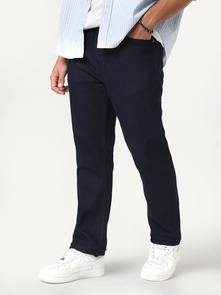 Men's Dark Blue Straight Fit Raw Washed Denim Jeans Stretchable — photo 2