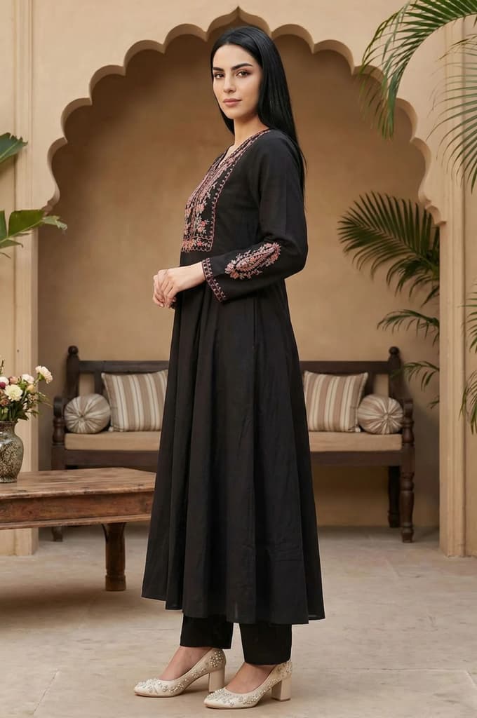 Black Embroidered Anarkali Kurta with Pants and Dupatta Set — photo 3