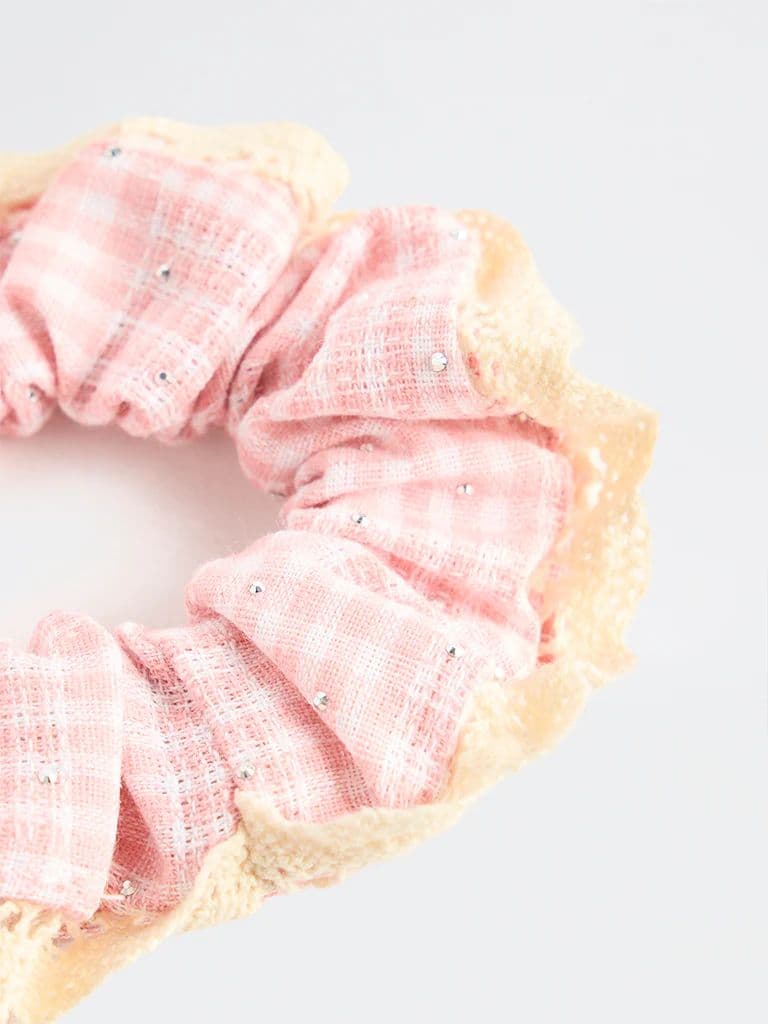 Westside Accessories Pink Checkered Lace-Trim Scrunchie — photo 3