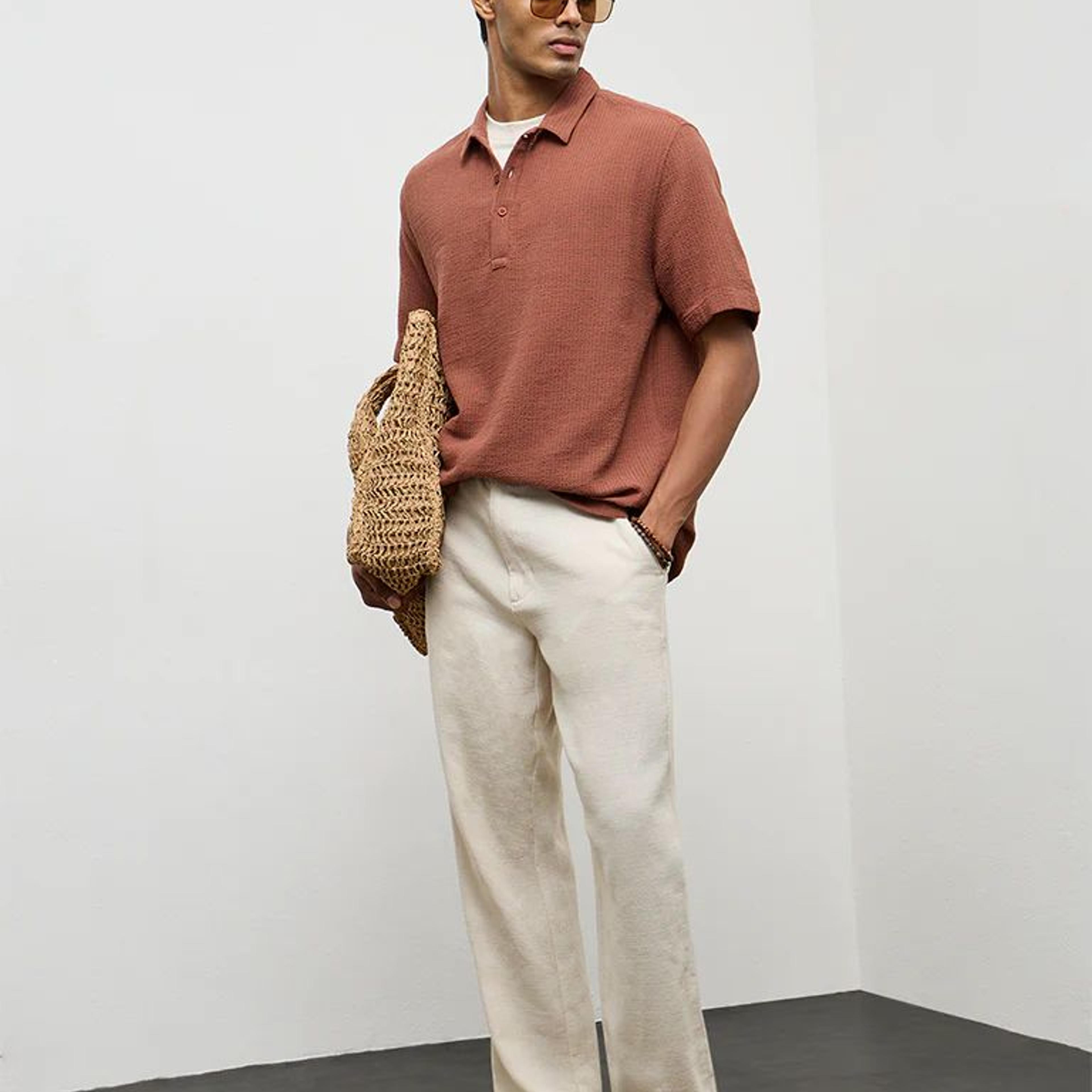 ETA Rust Textured Relaxed-Fit Cotton Polo T-Shirt