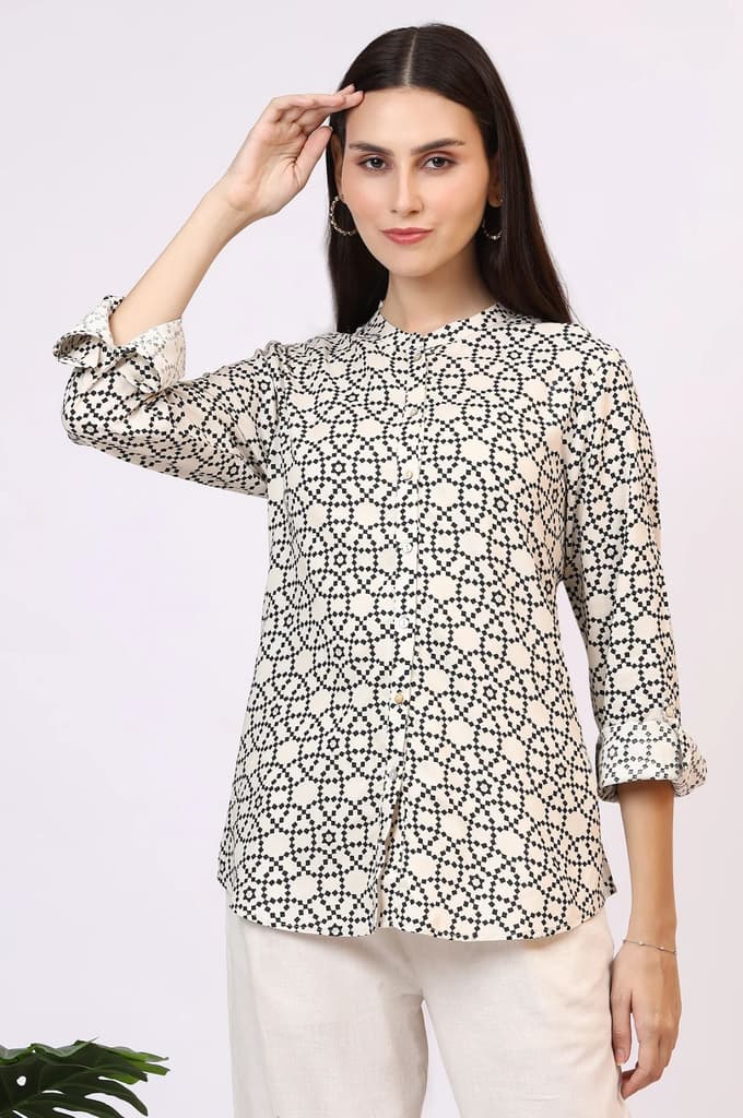 White Geometric Printed Button Down Rayon Shirt — photo 3
