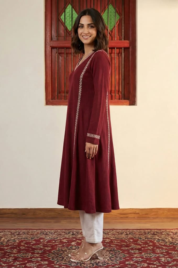 Maroon Embroidered Thread Work Acrylic A-line Kurta — photo 5