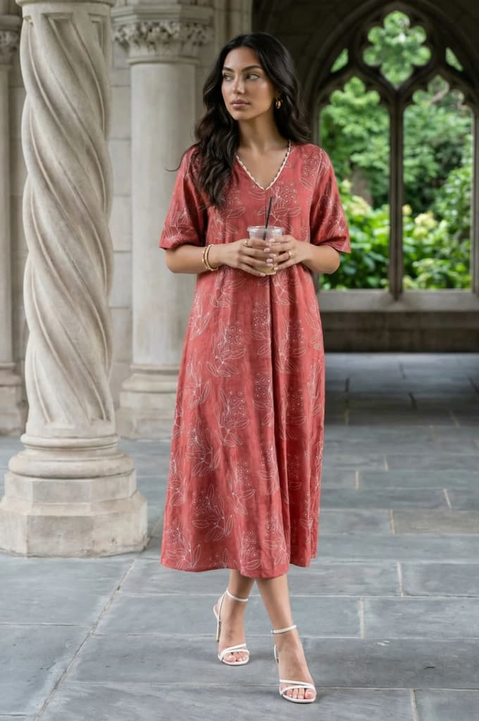Rust Floral Printed Rayon A-line Dress — photo 3