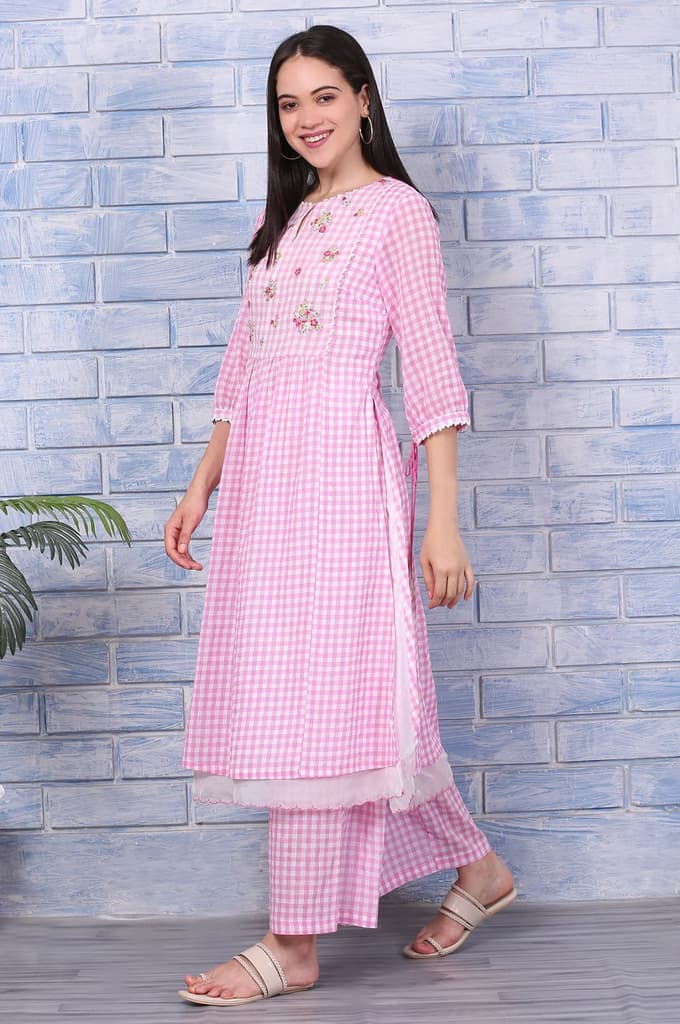 Pink Checkered Ankle Length Pure Cotton Pants — photo 5