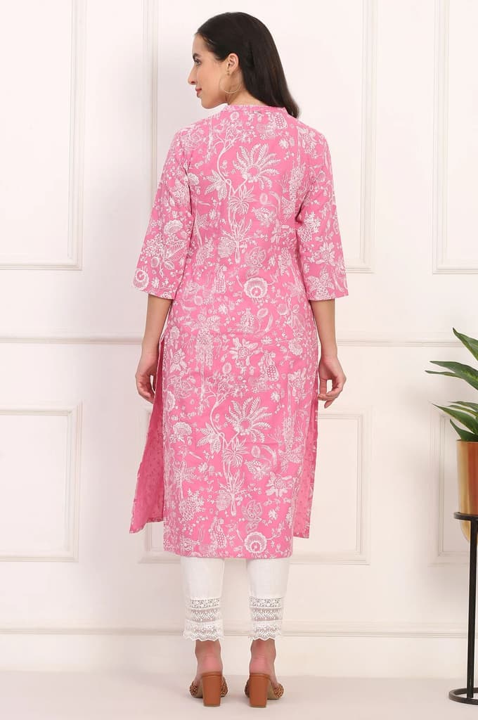 Pink Floral Printed Lurex-Embellished Straight Cotton Lurex Kurta — photo 5