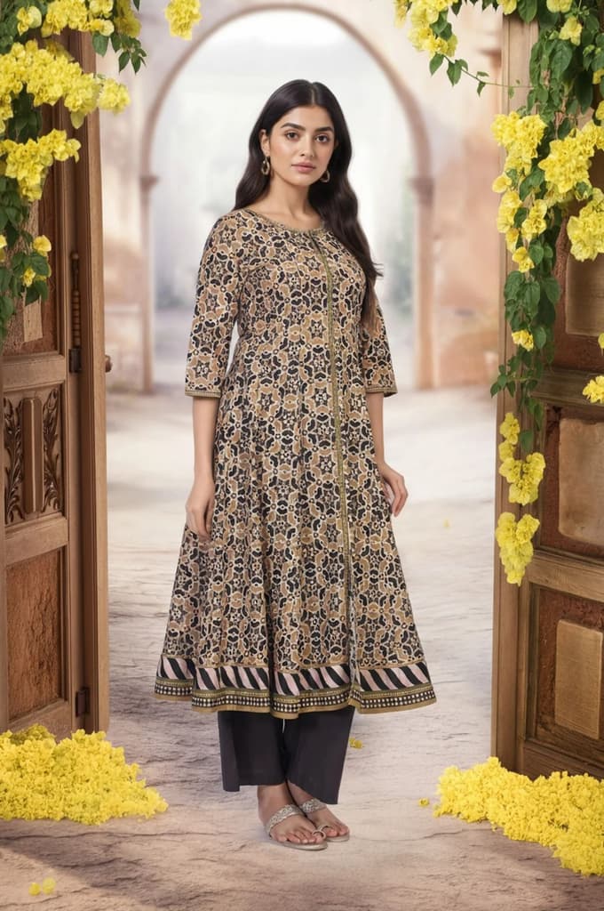 Beige Geometric Printed Embroidered Anarkali Cotton Kurta — photo 4