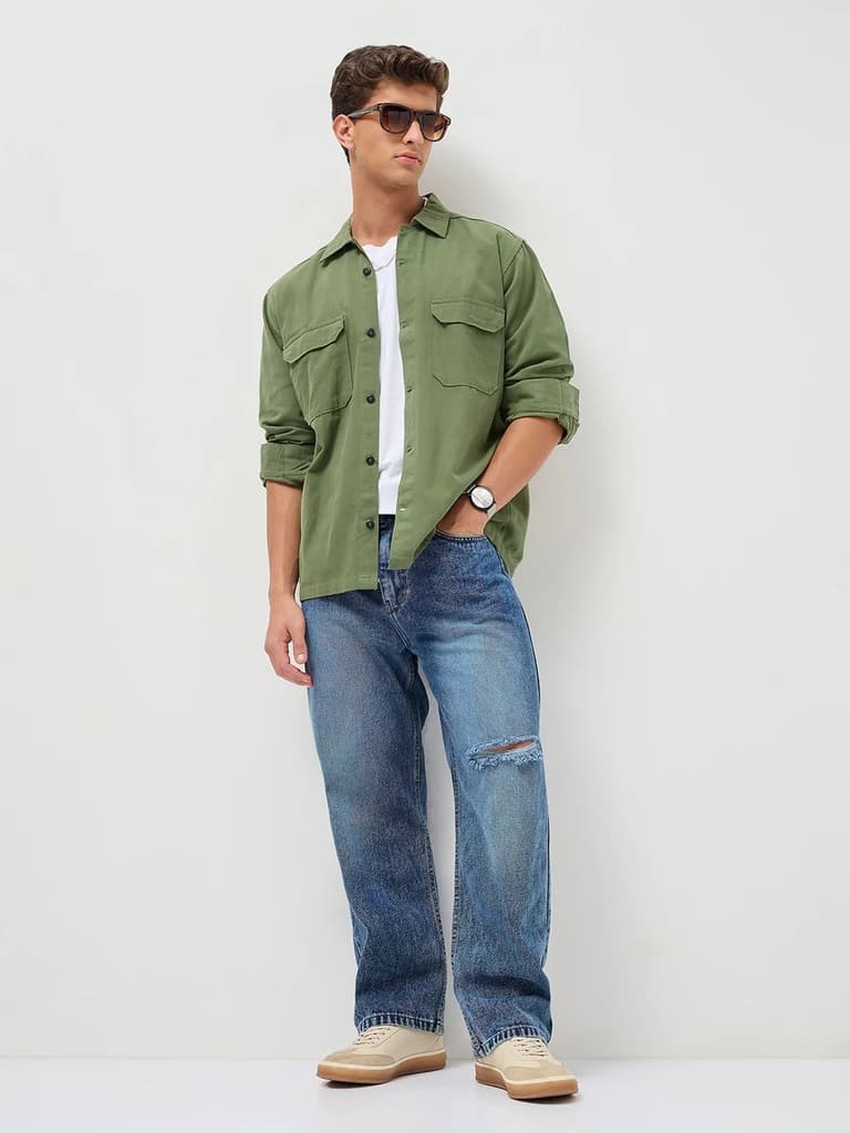 Men's Green Cotton Full Sleeve Relaxed Fit Shacket with Utility Pockets — photo 4