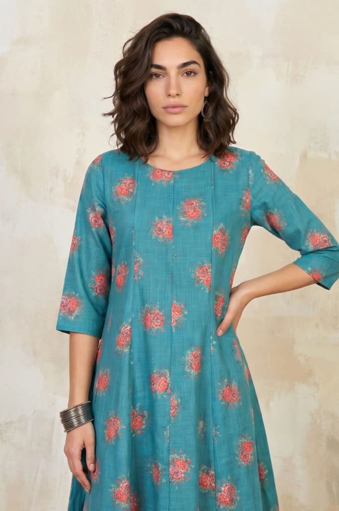 Teal Floral Printed Cotton Flax Flared Kurta — photo 2
