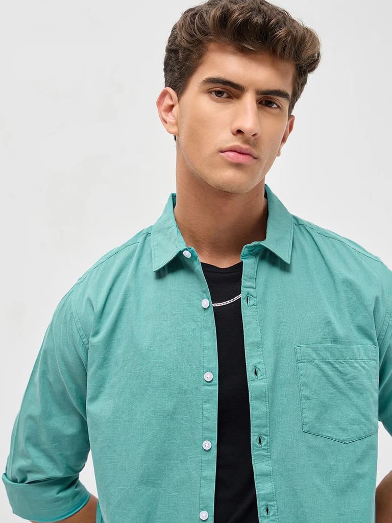 Men's Light Teal Cotton Full Sleeve Regular Fit Casual Solid Slub Shirt with Spread Collar — photo 5