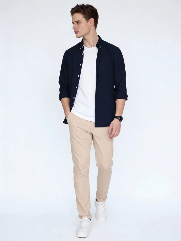Men's Cream Straight Fit Mid Rise Cotton Casual Chinos Trousers Stretch — photo 4