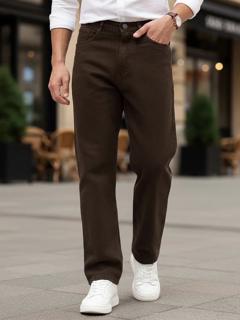 Men's Dark Brown Loose Baggy Fit Washed Denim Jeans Non-Stretchable — 28 / Dark Brown