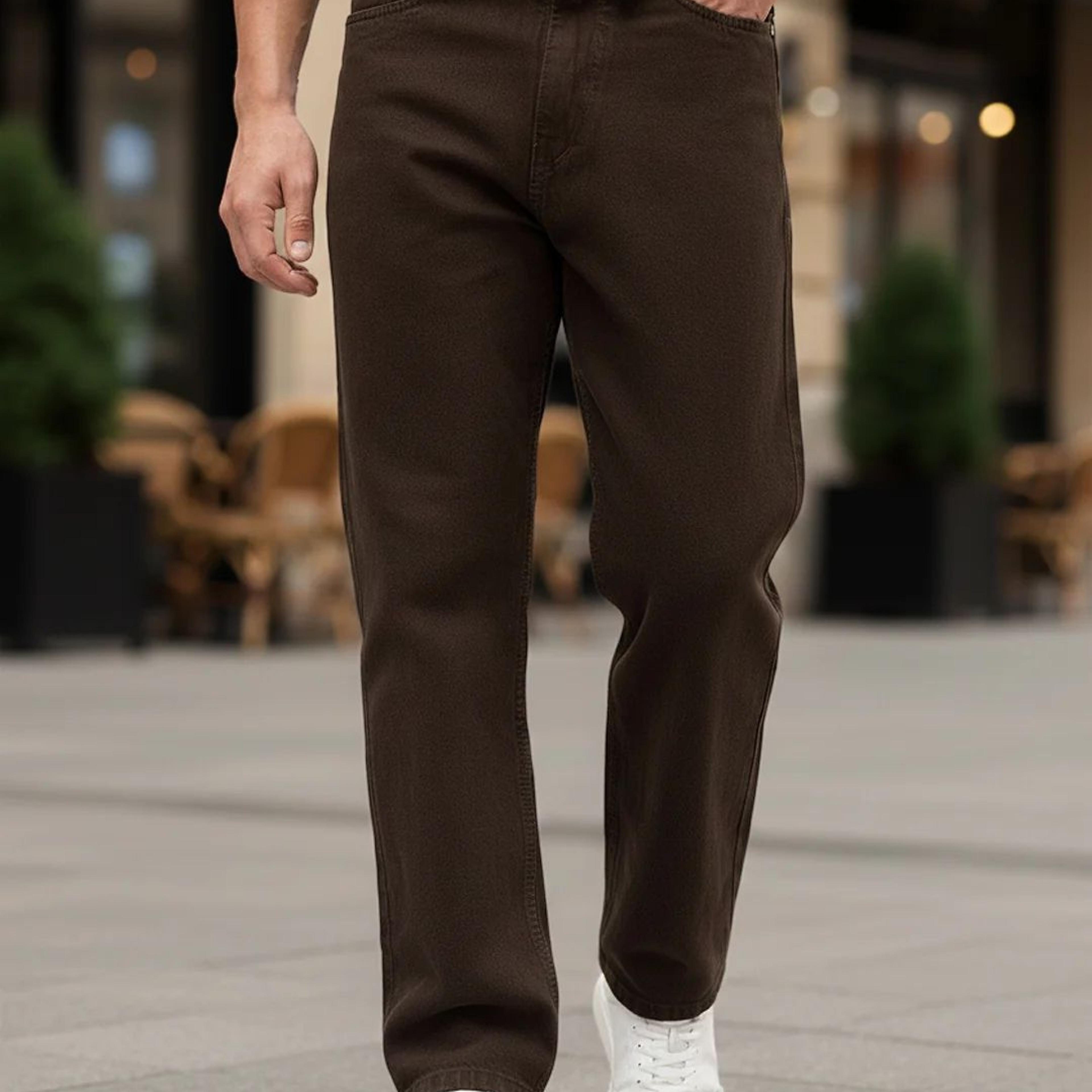 Men's Dark Brown Loose Baggy Fit Washed Denim Jeans Non-Stretchable