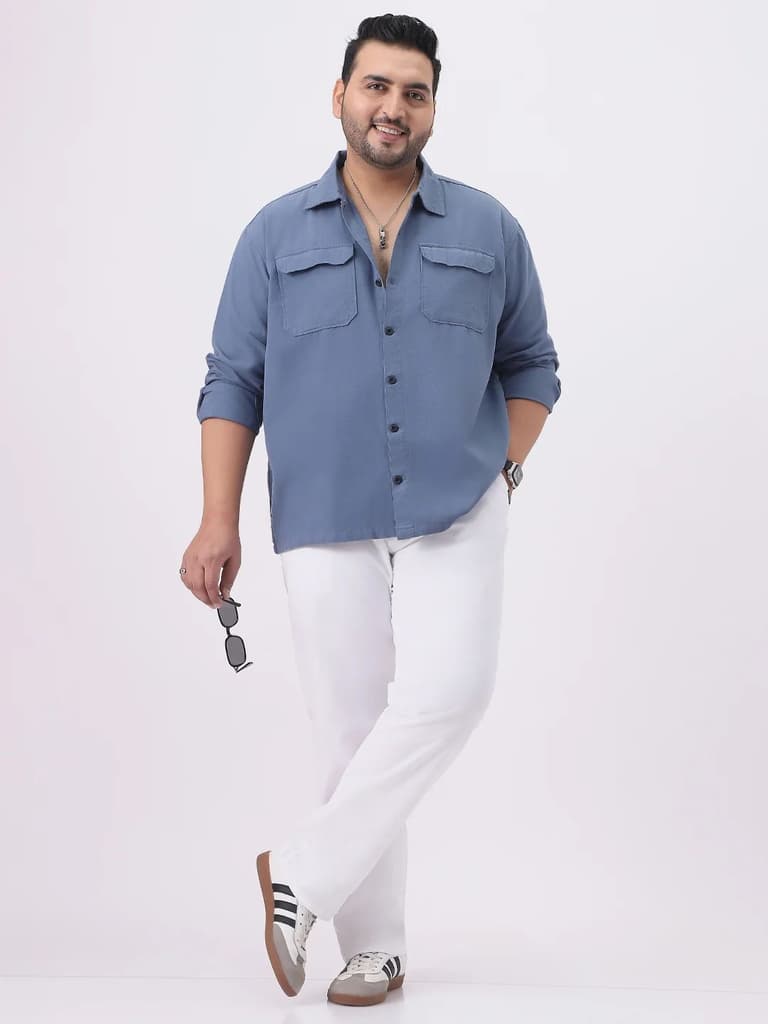 Plus Men's Blue Cotton Full Sleeve Relaxed Fit Shacket with Utility Pockets — photo 4