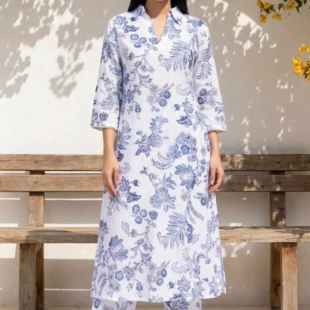 White Floral Printed Pure Cotton Straight Kurta with Straight Pant Set