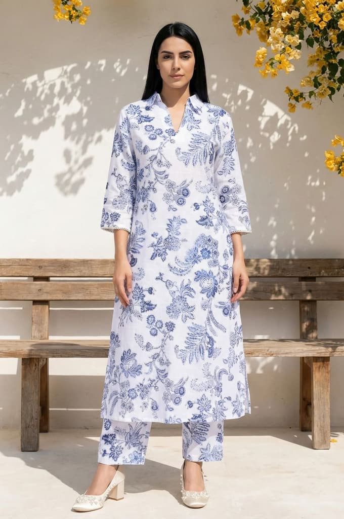 White Floral Printed Pure Cotton Straight Kurta with Straight Pant Set — XS