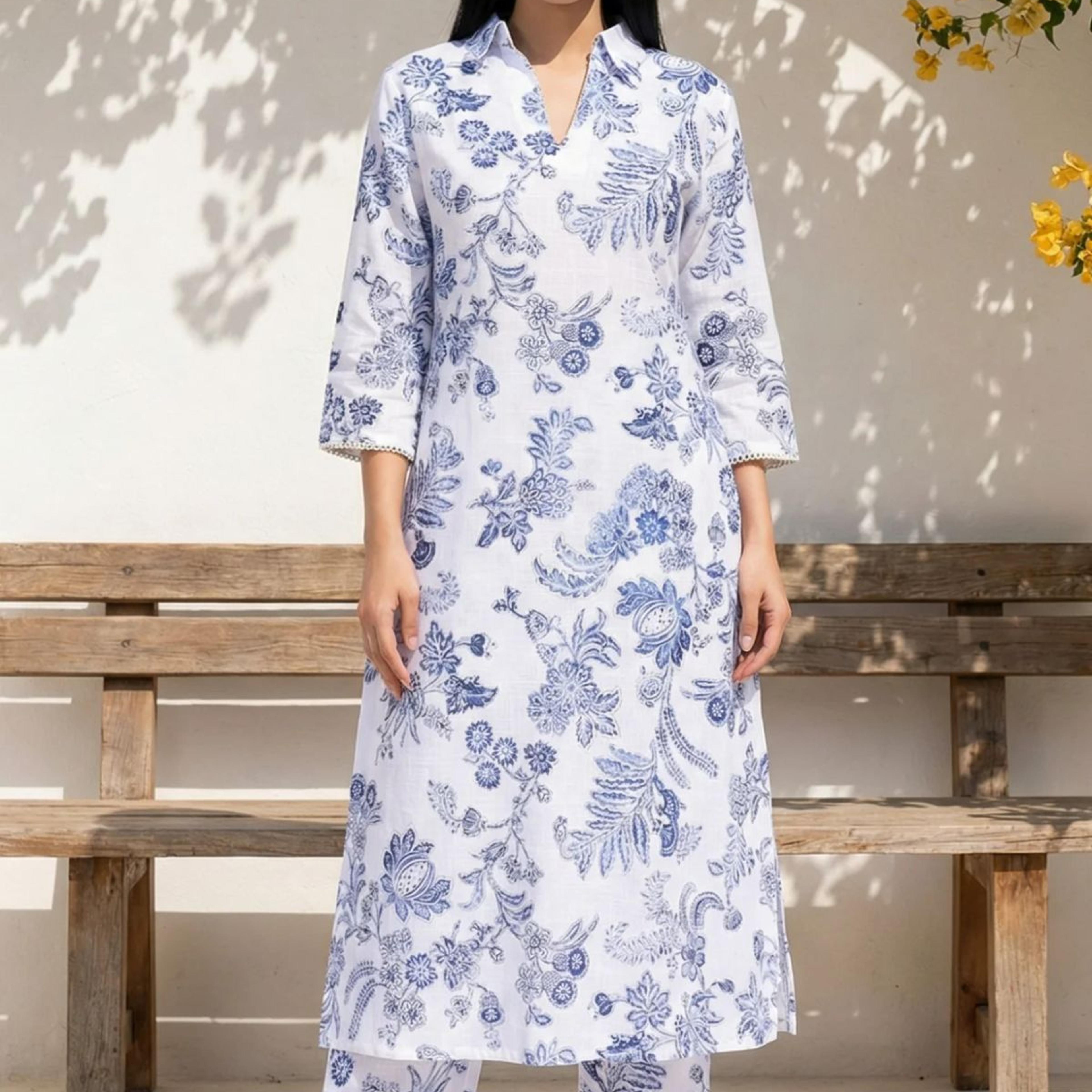 White Floral Printed Pure Cotton Straight Kurta with Straight Pant Set
