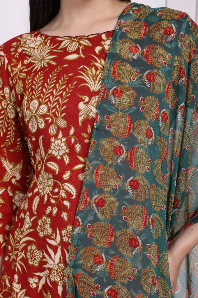 Red Floral Printed A-Line Kurta with Straight Pant and Dupatta Set — photo 3