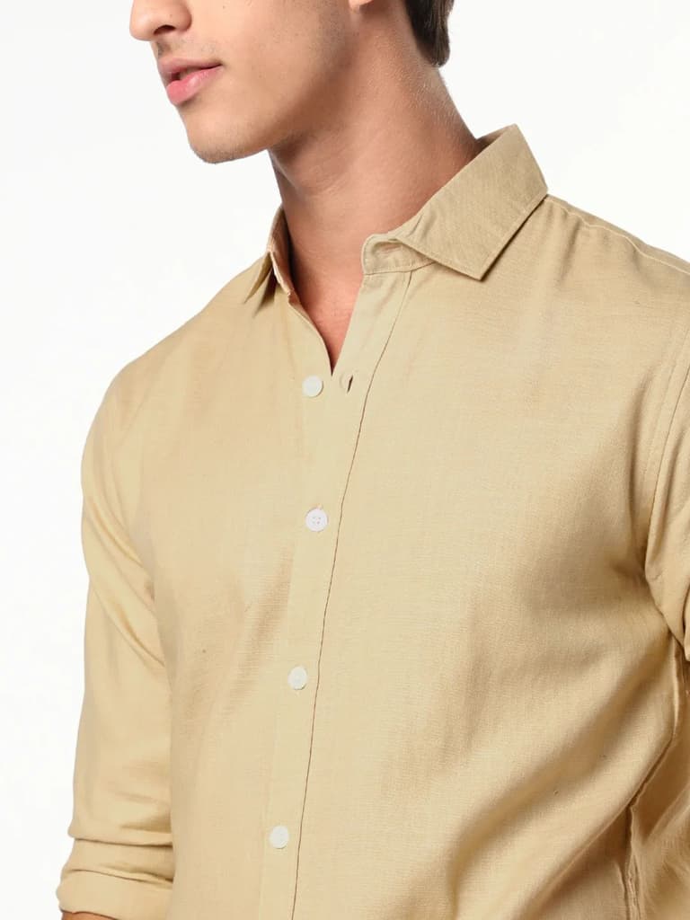 Men's Beige Linen Blend Full Sleeve Relaxed Fit Casual Solid Shirt — photo 6