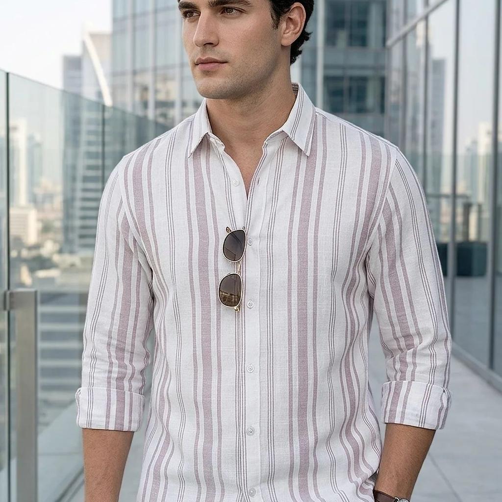 Men's Lilac Cotton Full Sleeve Relaxed Fit Linen Striped Shirt with Spread Collar