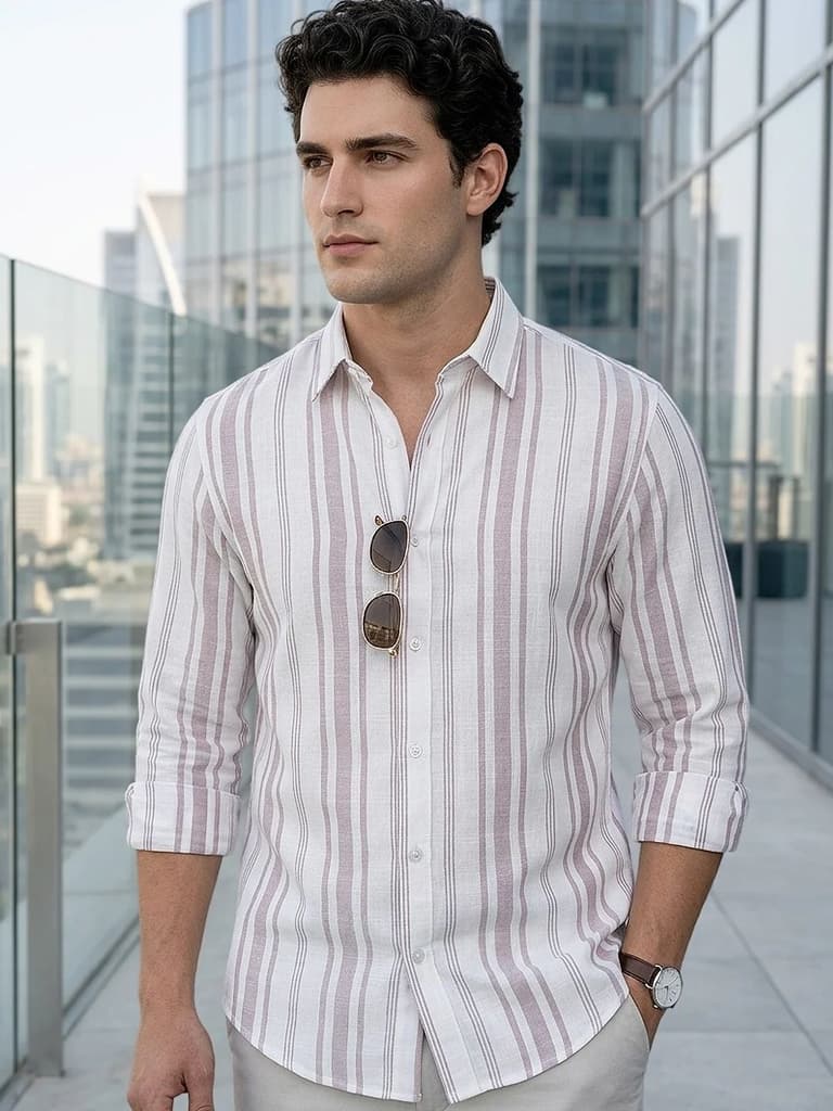 Men's Lilac Cotton Full Sleeve Relaxed Fit Linen Striped Shirt with Spread Collar — S / Lilac
