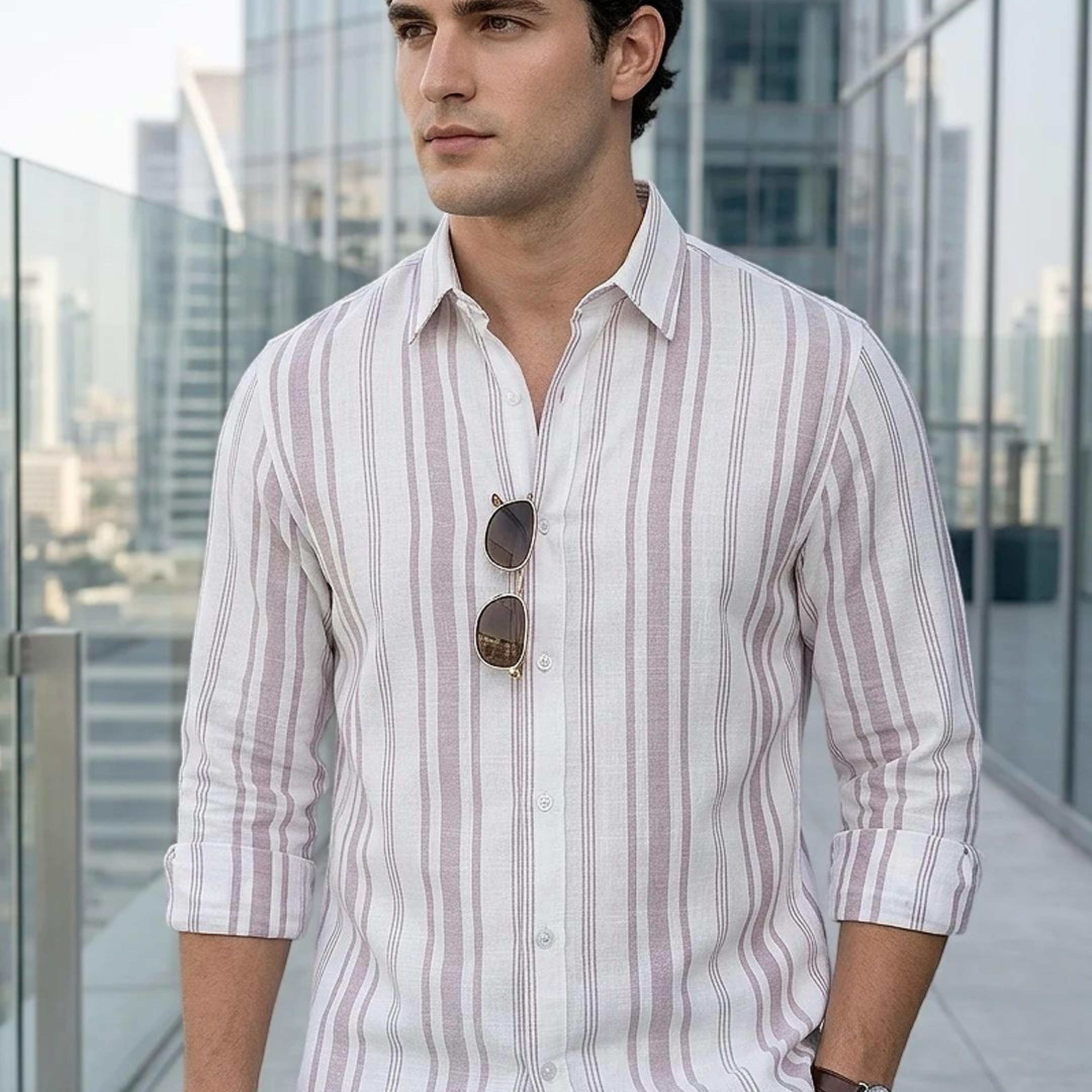 Men's Lilac Cotton Full Sleeve Relaxed Fit Linen Striped Shirt with Spread Collar