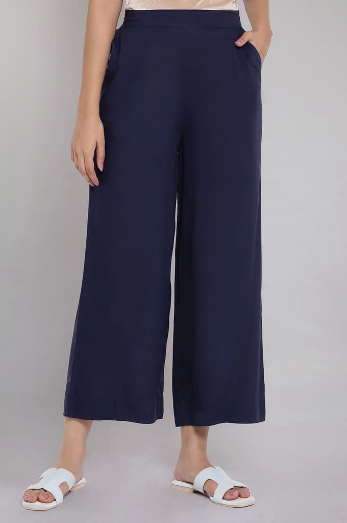 Navy Blue Solid Straight Fit Tencel Palazzo With Elasticated Waist