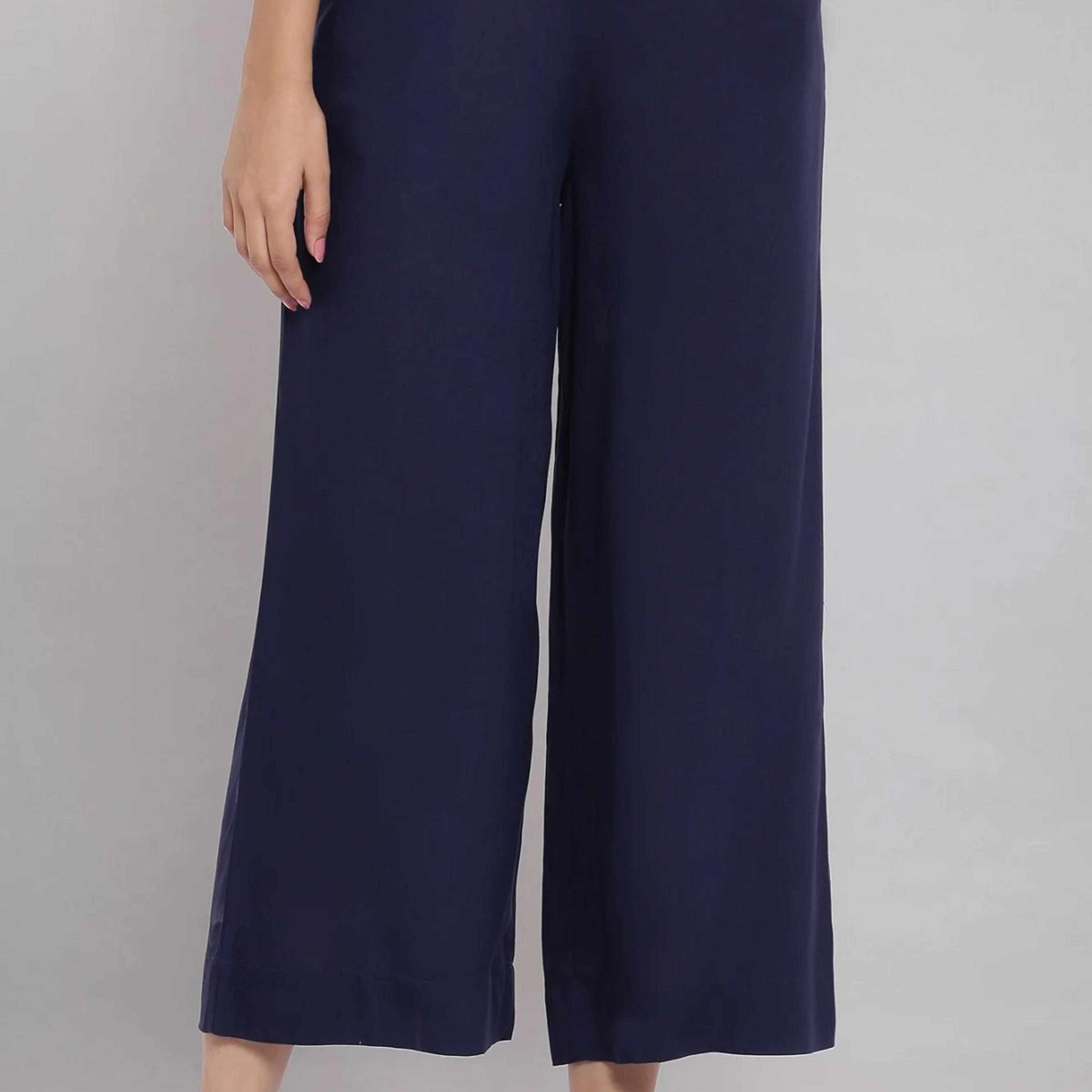 Navy Blue Solid Straight Fit Tencel Palazzo With Elasticated Waist