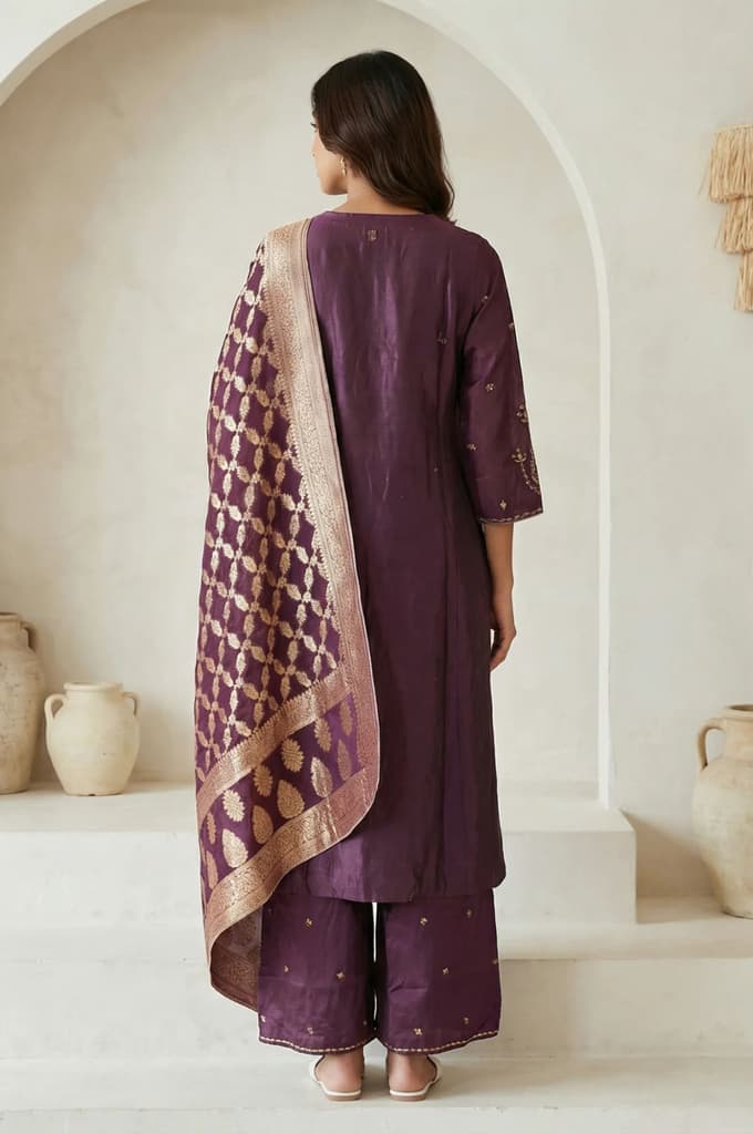Purple Embroidered Zari Work Silk Blend Straight Kurta with Parallel Pants and Dupatta Set — photo 4